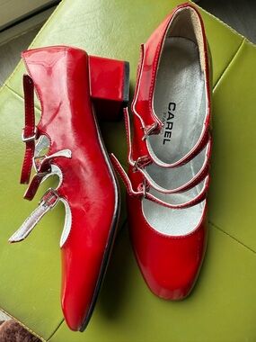 Red Patent Triple-Strap Mary Jane Heels